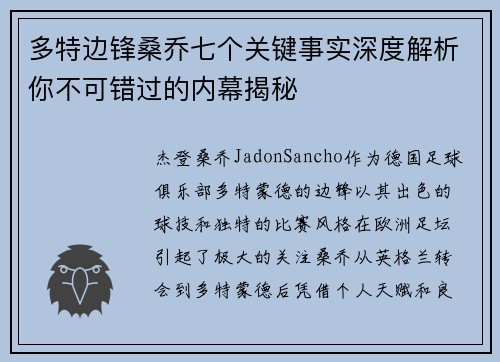 多特边锋桑乔七个关键事实深度解析你不可错过的内幕揭秘