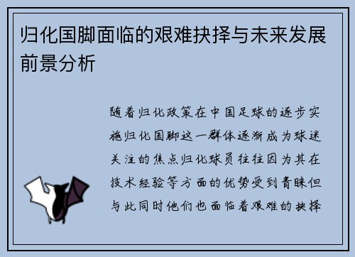 归化国脚面临的艰难抉择与未来发展前景分析